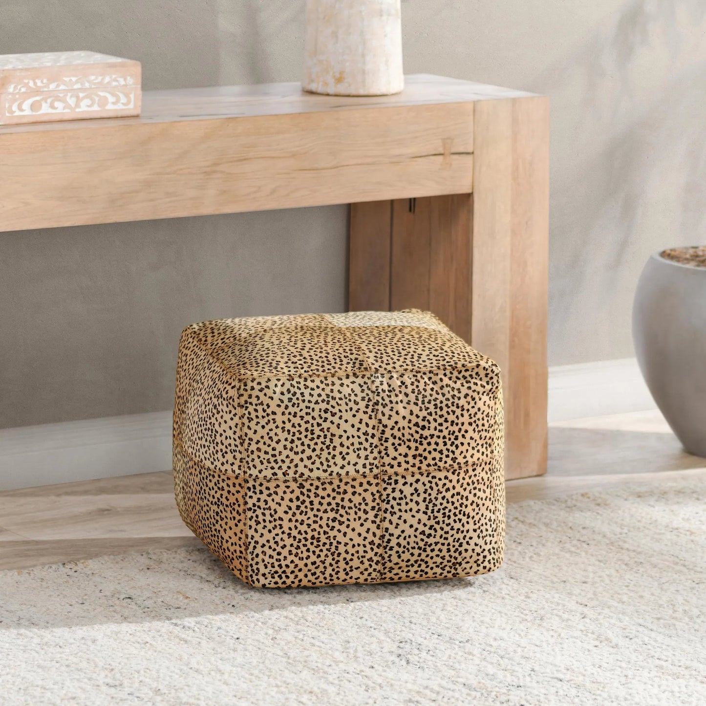 004 SI-2243878 | Lifestyle | Leopard  Camel Floor Cushion Pouf by Villa by Classic Home in camel, black. Made from 100% cow hide in a eclectic & global style.