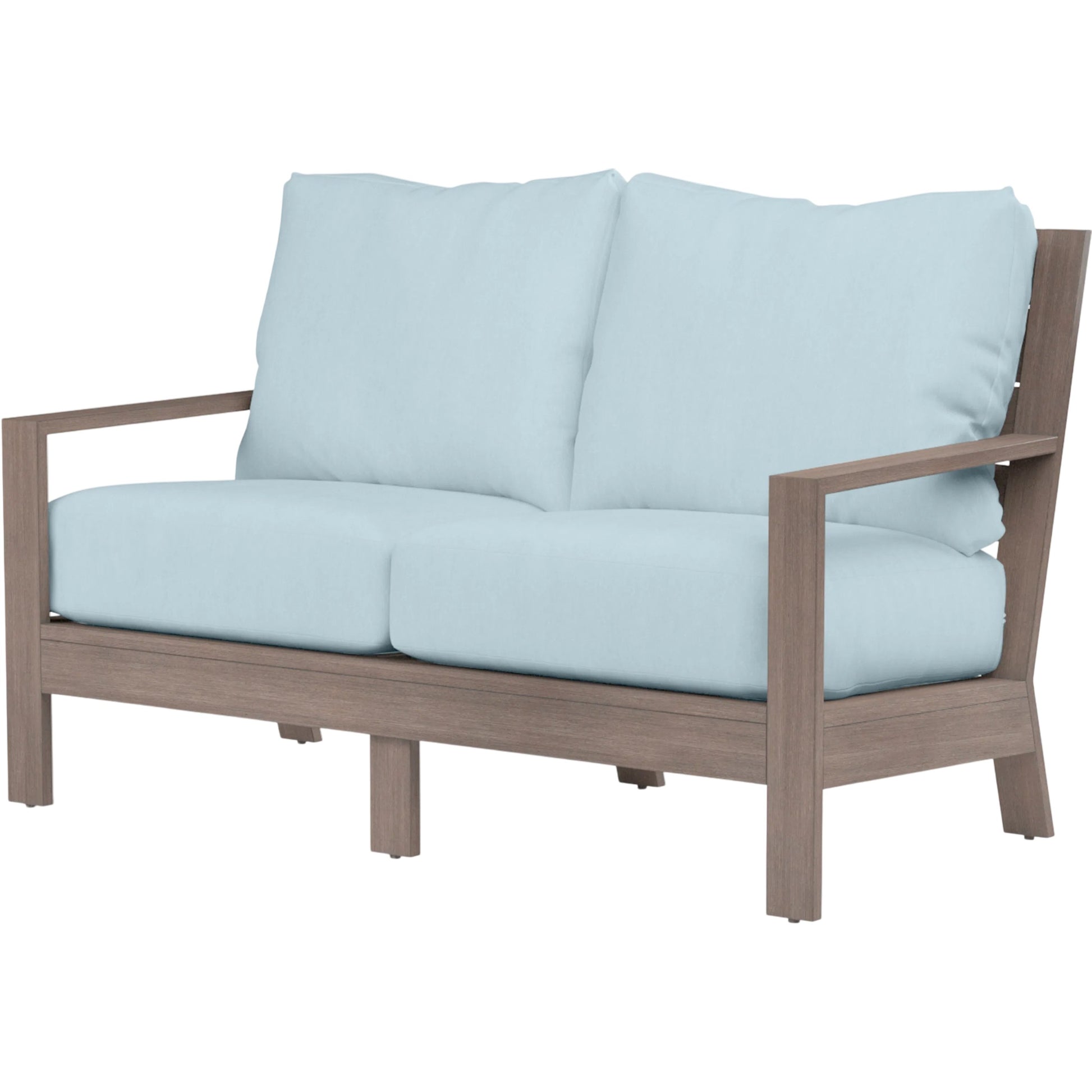 Laguna Outdoor Loveseat by Sunset West in browns. Made from aluminum in a modern style.