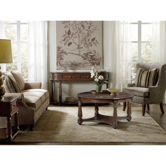 Leesburg Demilune Hall Console by Hooker Furniture in mahogany. Made from grain, swirl mahogany, ebony veneers in a unique style.