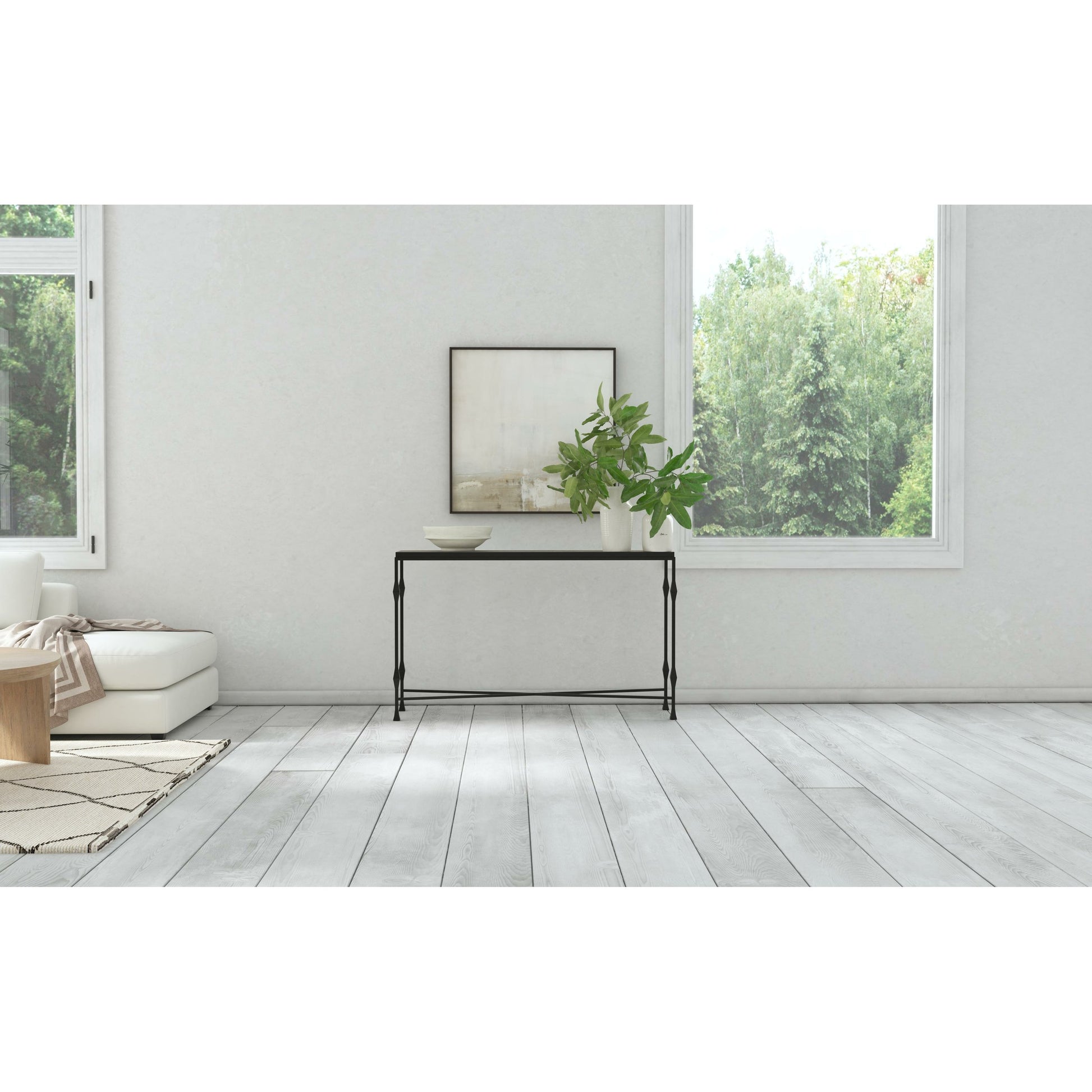 Commerce & Market Metal-Wood Console Table by Hooker Furniture in black. Made from white travertine stone, carbon steel in a transitional style.