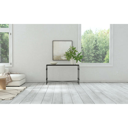 Commerce & Market Metal-Wood Console Table by Hooker Furniture in black. Made from white travertine stone, carbon steel in a transitional style.