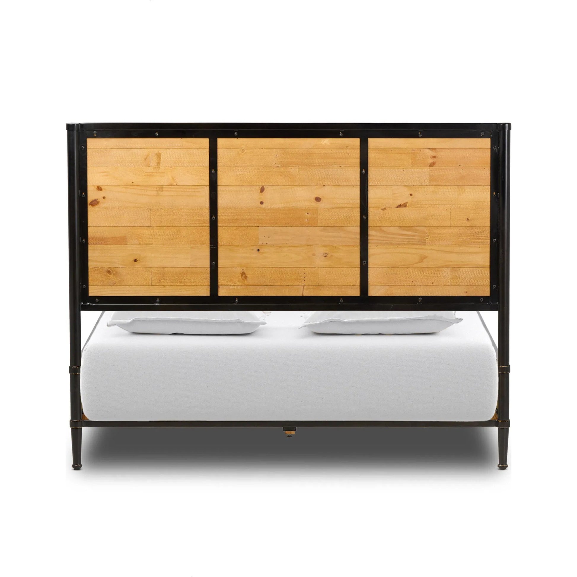 Juno Bed by Four Hands in reclaimed natural, dark bronze. Made from solid reclaimed pine, iron in a transitional style.