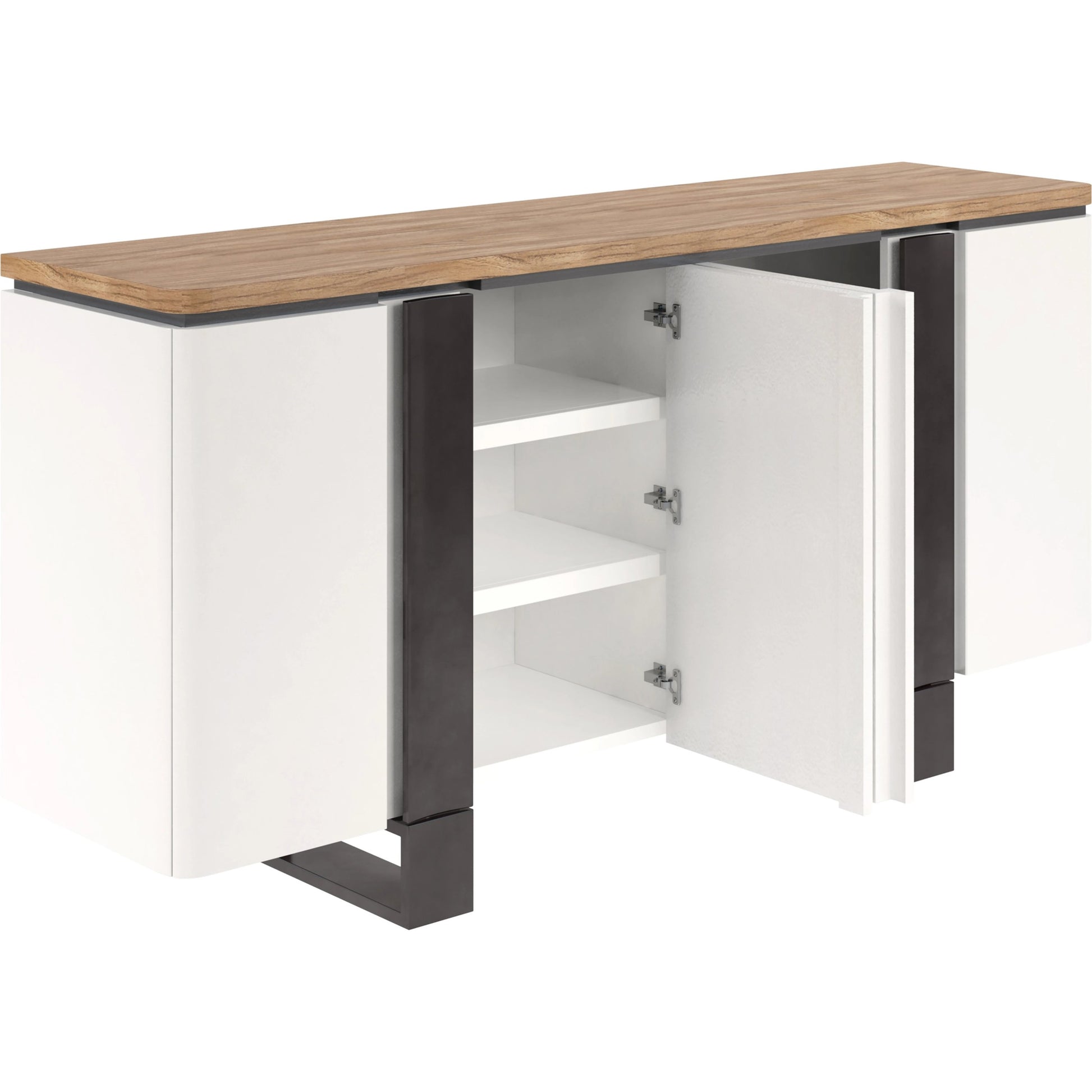 Portico Credenza by A.R.T. Furniture in sienna, white plaster, matte black. Made from parawood solids, mindi veneers, resin in a modern style.