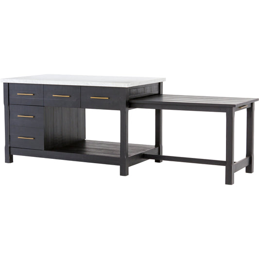 Ian Kitchen Island by Four Hands in black acacia. Made from solid acacia, solid marble in a traditional style.