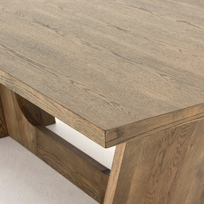Pryor Dining Table by Four Hands in smoked grey and smoked gray. Made from thick oak veneer, solid oak, engineered hardwood in a modern style.