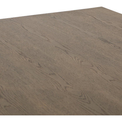 Pryor Dining Table by Four Hands in smoked grey and smoked gray. Made from thick oak veneer, solid oak, engineered hardwood in a modern style.