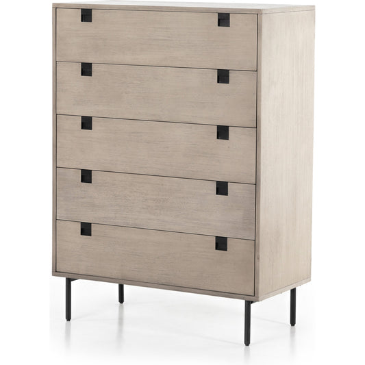 Carly 5 Drawer Dresser by Four Hands in antique bronze, grey wash and gray wash. Made from thin acacia veneer, iron in a modern style.