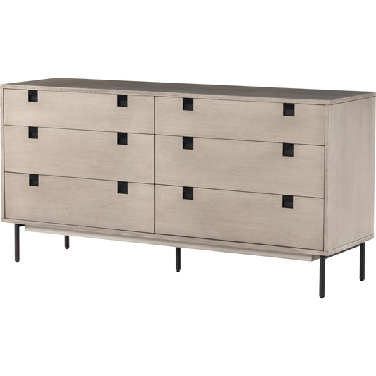 Carly 6 Drawer Dresser by Four Hands in antique bronze, grey wash and gray wash. Made from thin acacia veneer, iron in a modern style.