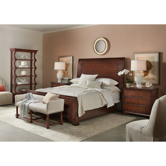 Charleston Sleigh Bed by Hooker Furniture in maraschino cherry. Made from cherry, walnut veneers with maple, walnut inlay in a traditional style.
