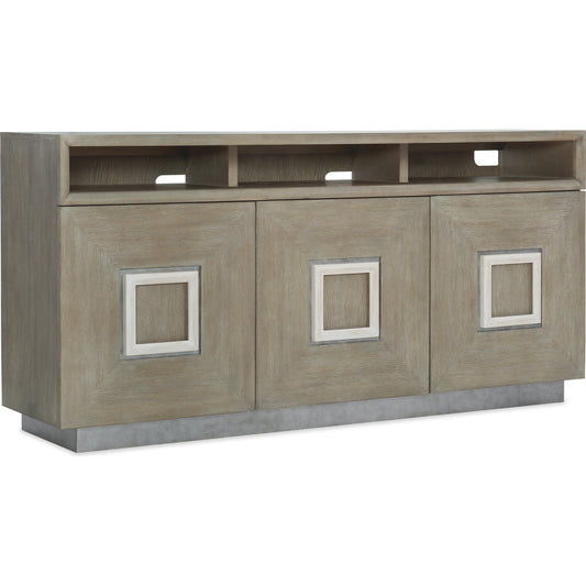 Affinity Entertainment Console by Hooker Furniture in greige. Made from oak veneers in a transitional style.