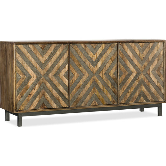 Serramonte Entertainment Console by Hooker Furniture in medium mango. Made from mango wood, metal, german silver in a modern style.