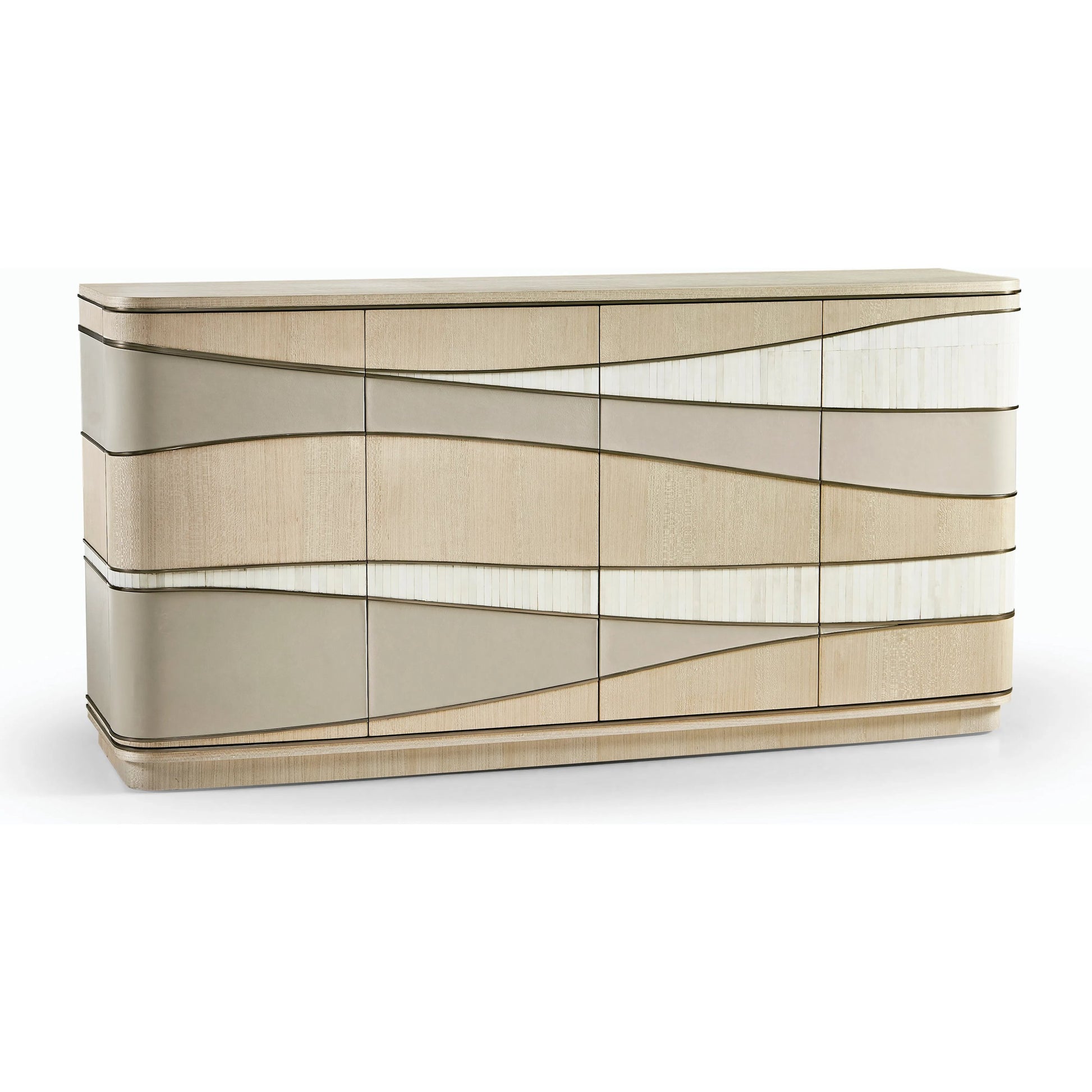 Water Breaker Mixed Media Credenza by Jonathan Charles in beige and ash blonde. Made from dyed koto veneer, bone, leather, metal in a transitional style.