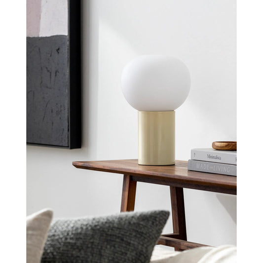 Verve Globe Lamp by Livabliss in beige, white and painted. Made from body: metal, base: steel, shade (outside): glass in a modern style.
