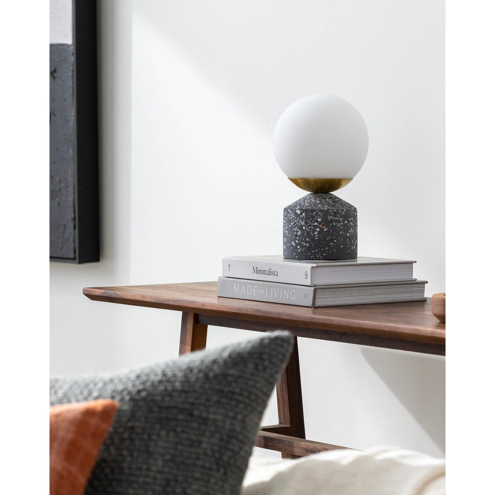 Verve Globe Lamp by Livabliss in body: aqua, gray, base: gray, shade: white, cord: black and polished. Made from body: cement, base: cement, shade (outside): glass in a modern style.