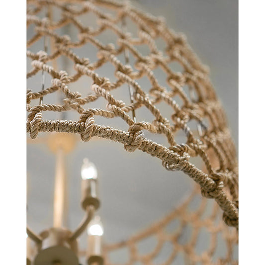 Chesapeake Drum Chandelier by Currey and Company in smokewood, natural abaca rope. Made from wrought iron, abaca rope in a coastal style.