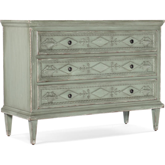 Charleston Three-Drawer Accent Chest by Hooker Furniture in verdigris green. Made from maple veneers, resin in a transitional style.