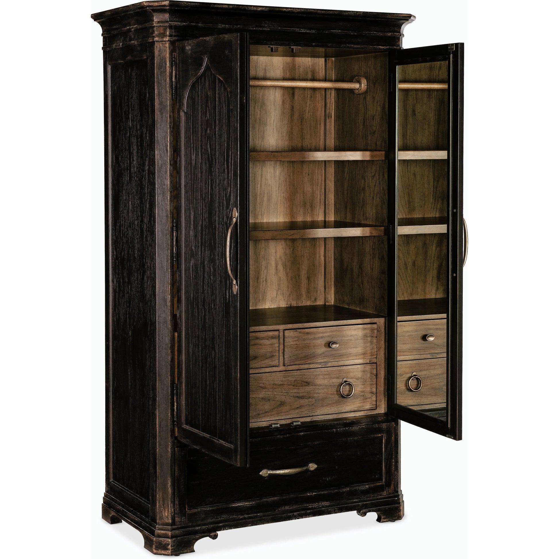 Americana Wardrobe by Hooker Furniture in black and molasses finish. Made from oak veneers in a cottage & farmhouse style.