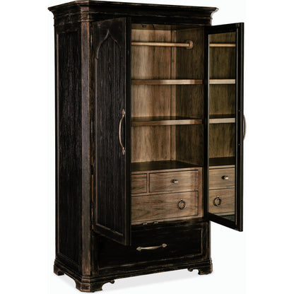 Americana Wardrobe by Hooker Furniture in black and molasses finish. Made from oak veneers in a cottage & farmhouse style.