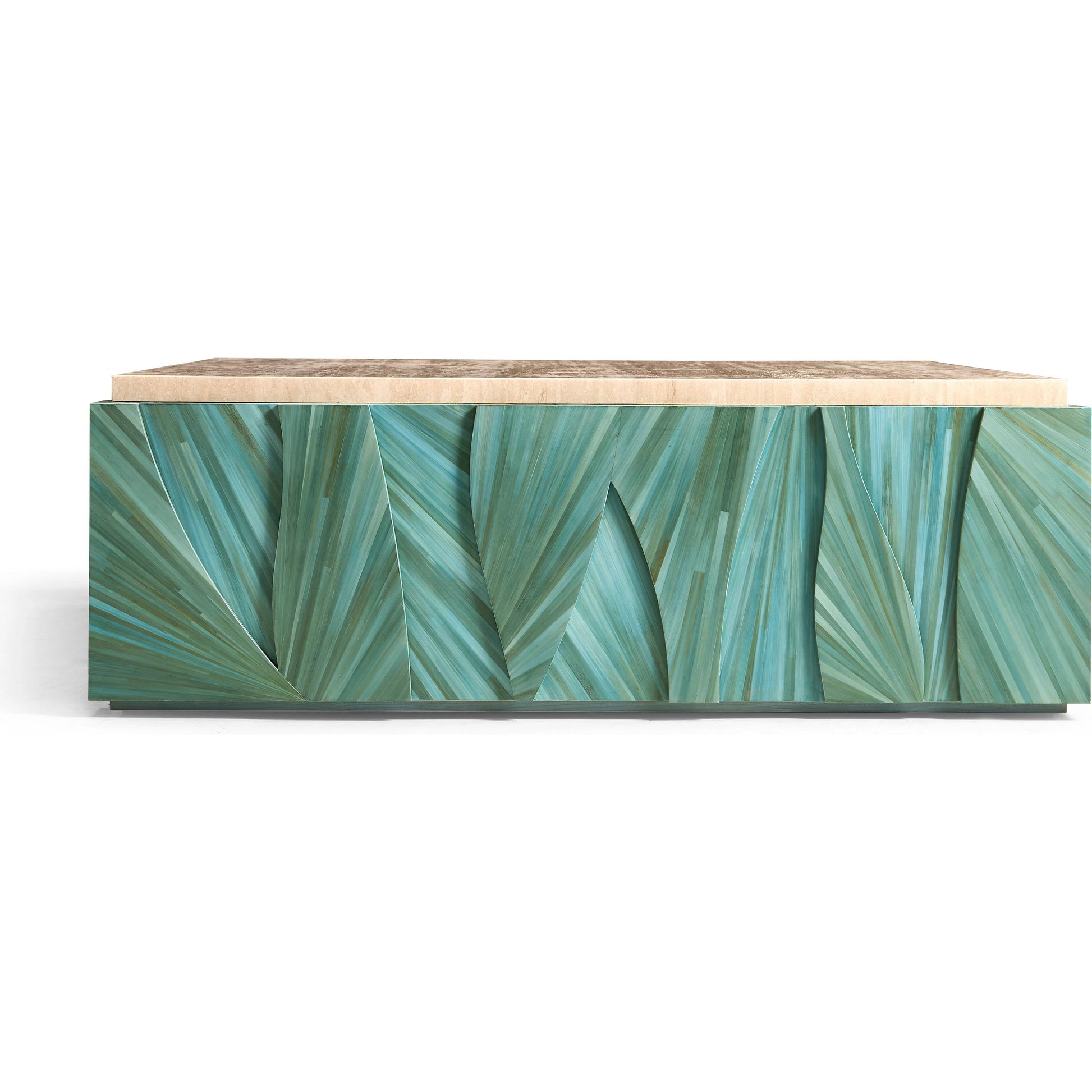 Seaglass Coffee Table by Jonathan Charles in blue and blue straw. Made from straw, marble, koto veneer in a eclectic & global style.