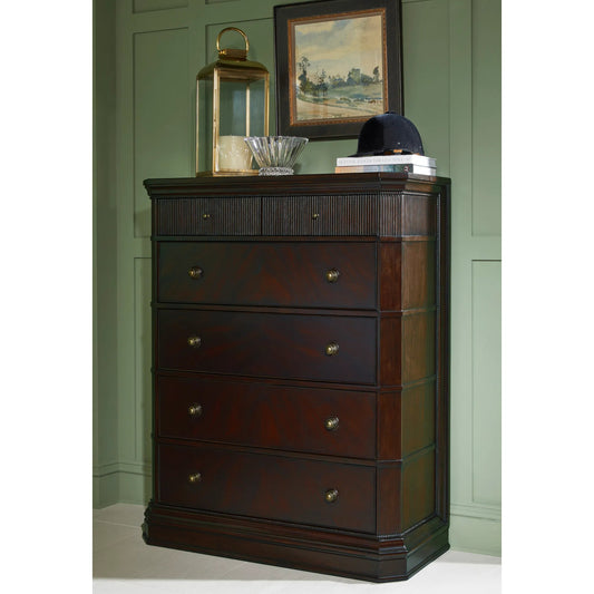 Revival Drawer Chest by A.R.T. Furniture in brown and napa mahogany. Made from rubberwood solids, quarter mahogany veneer, resin, metal in a unique style.