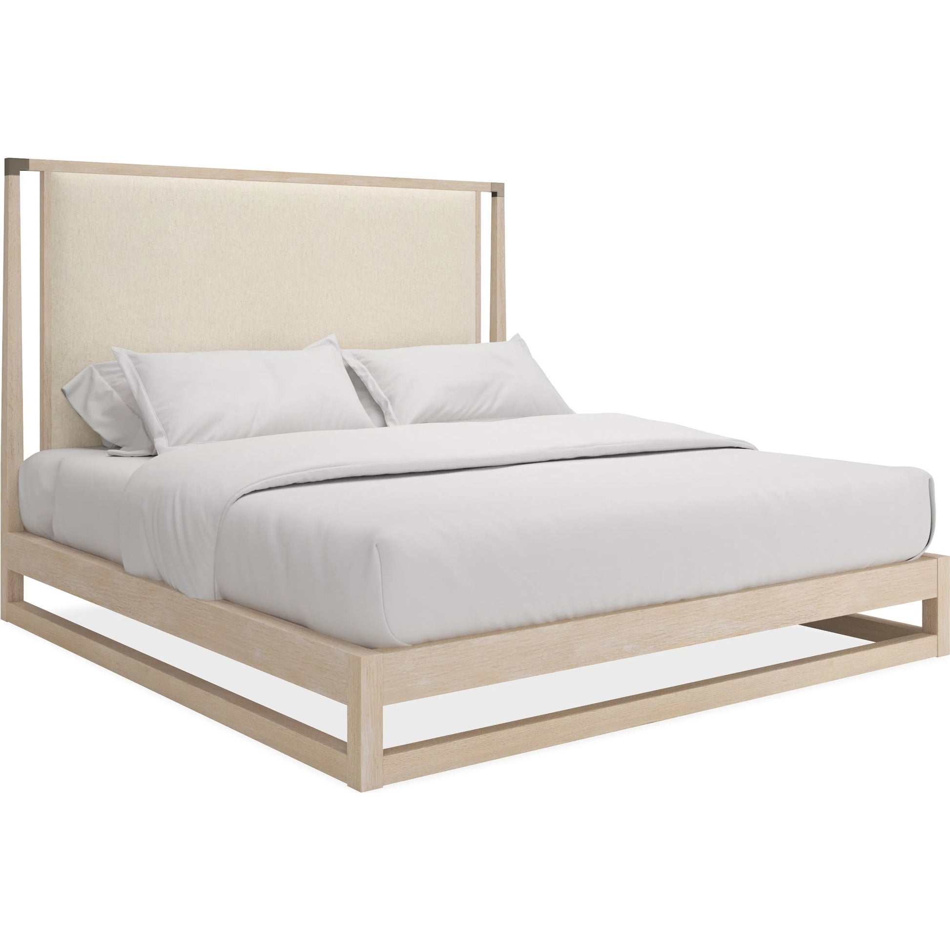 Pinstripe Upholstered  Bed by Caracole in sun drenched oak. Made from oak, quartersawn oak in a transitional style.