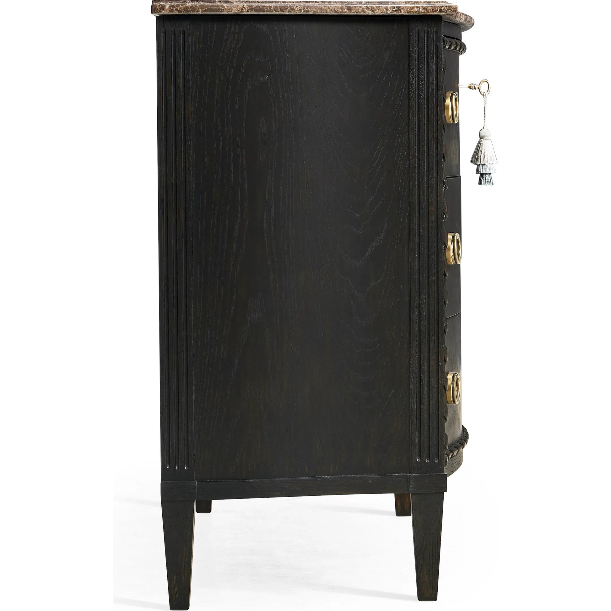 Tangiers Drawer Chest by Jonathan Charles in brown, black and ebonized oak. Made from oak solids, flat-cut oak veneers, stone, brass in a traditional style.