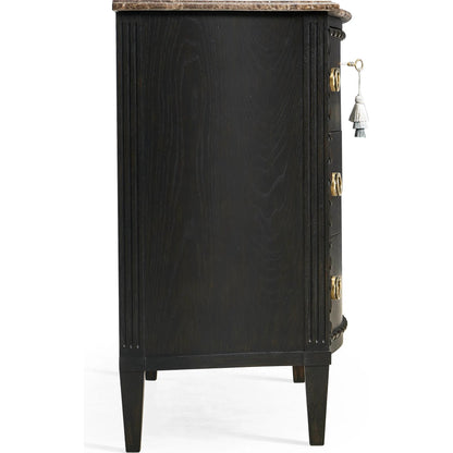 Tangiers Drawer Chest by Jonathan Charles in brown, black and ebonized oak. Made from oak solids, flat-cut oak veneers, stone, brass in a traditional style.