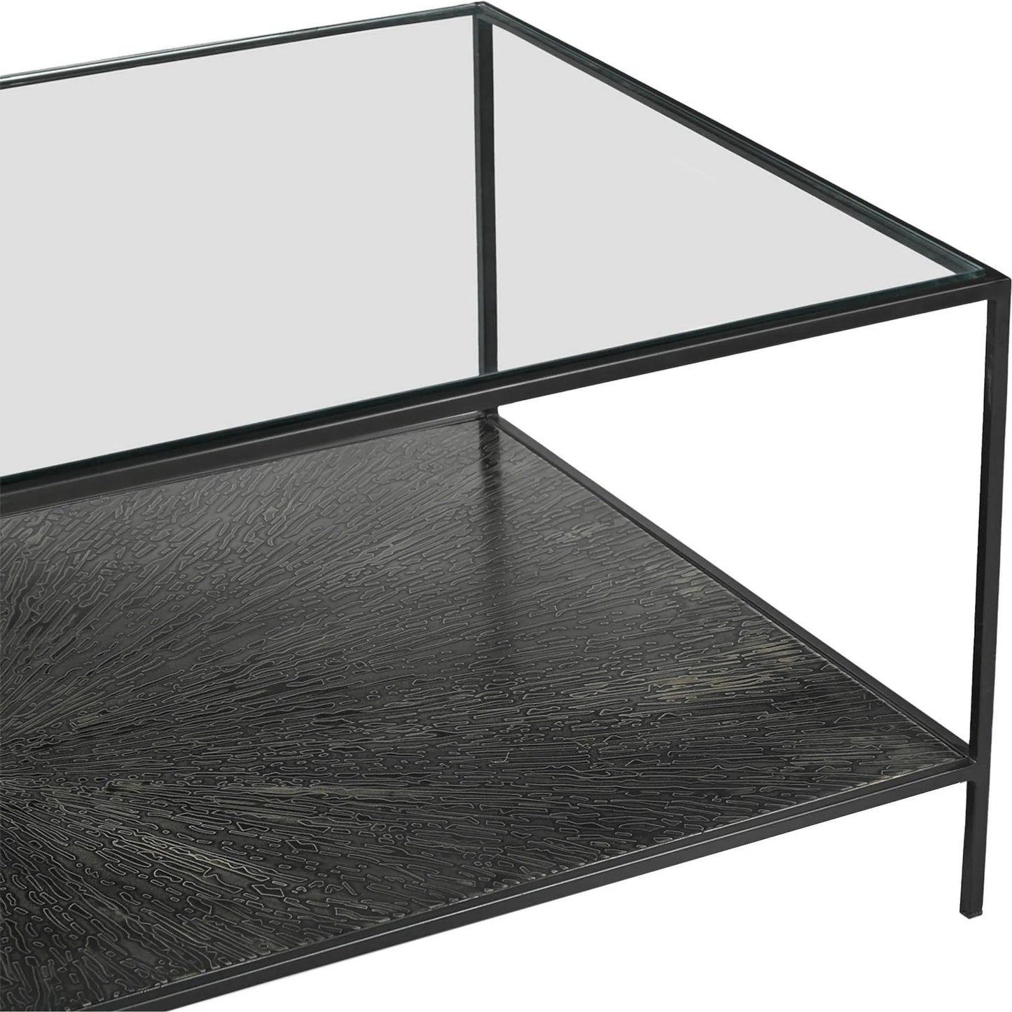 003 SI-2527568 | Closeup | Venus Coffee Table by LH Imports in matte black. Made from iron, tempered glass in a unique style.