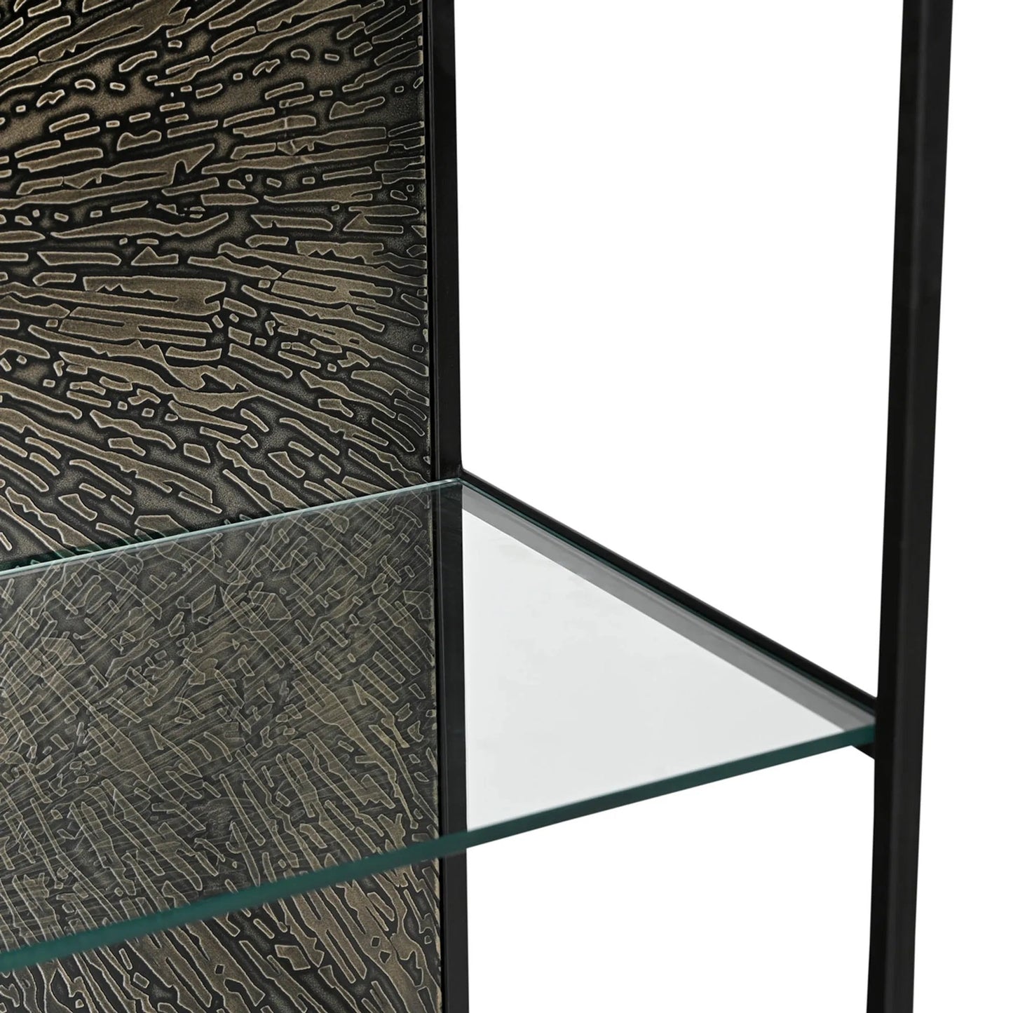 003 SI-2527569 | Closeup | Venus Bookcase by LH Imports in matte black. Made from iron, tempered glass in a unique style.