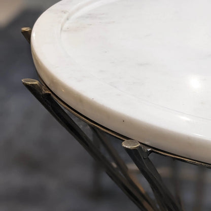 Astra Side Table by LH Imports in white, brass and antique brass. Made from iron, marble in a unique style.