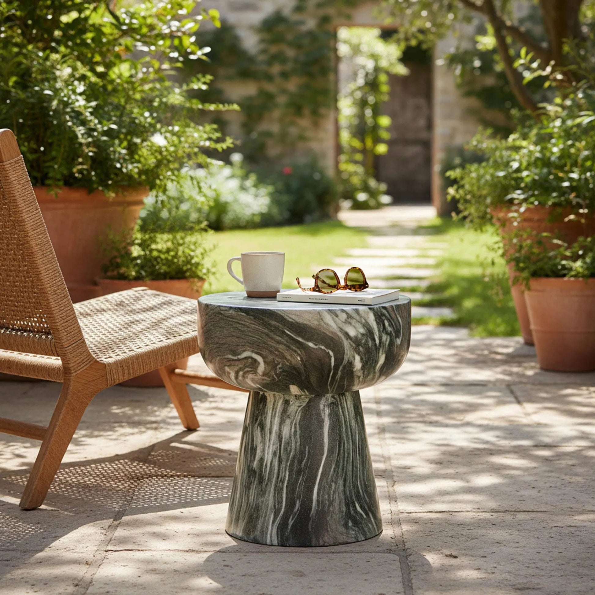 Binx Side Table by LH Imports in green, grey, white and marble pattern. Made from concrete in a unique style.