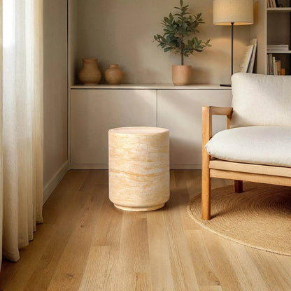 Zac Side Table by LH Imports in travertine and light travertine. Made from concrete in a unique style.