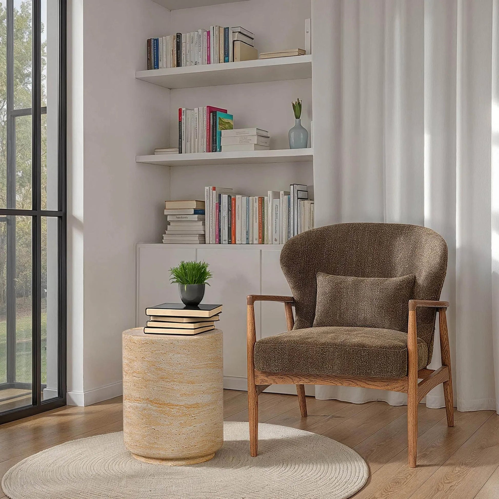 Zac Side Table by LH Imports in travertine and light travertine. Made from concrete in a unique style.