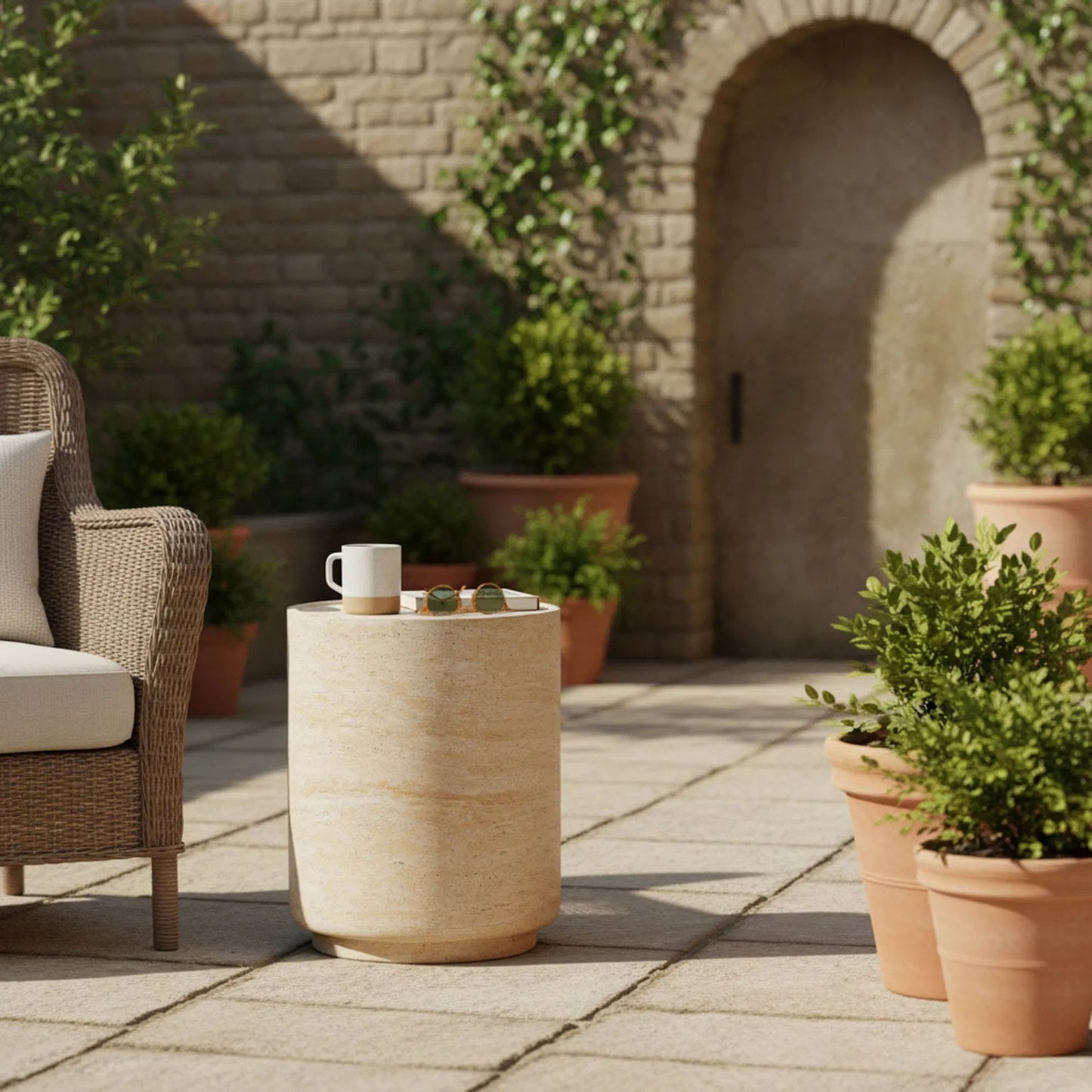 016 SI-2325340 | Lifestyle | Zac Side Table by LH Imports in travertine and light travertine. Made from concrete in a unique style.