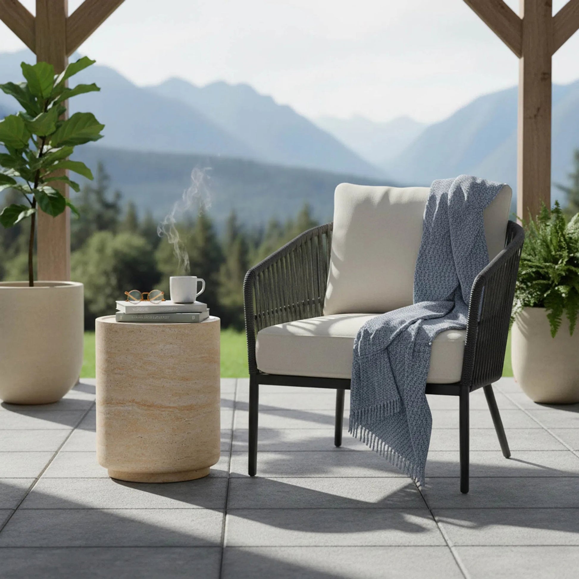 Zac Side Table by LH Imports in travertine and light travertine. Made from concrete in a unique style.