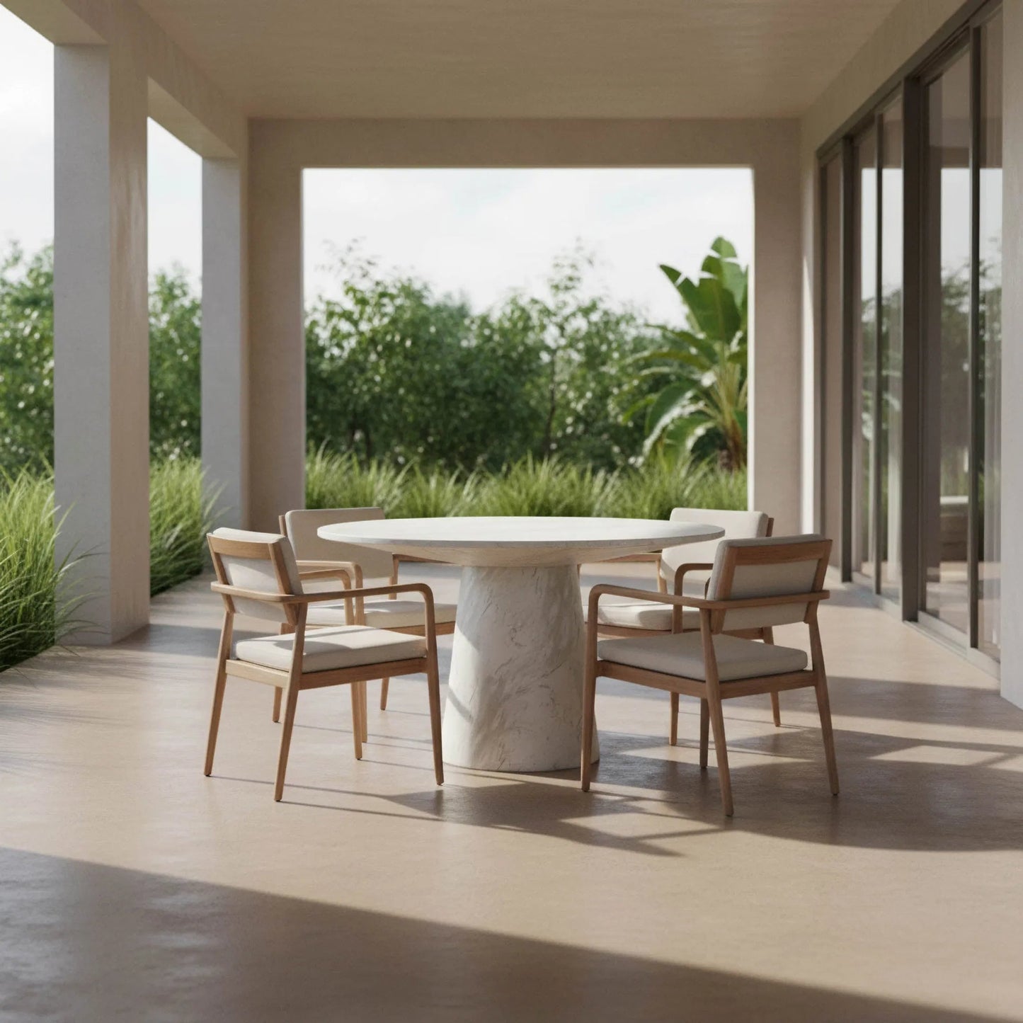 001 SI-2527576 | Lifestyle | Dream Dining Table by LH Imports in white marble pattern. Made from concrete in a unique style.