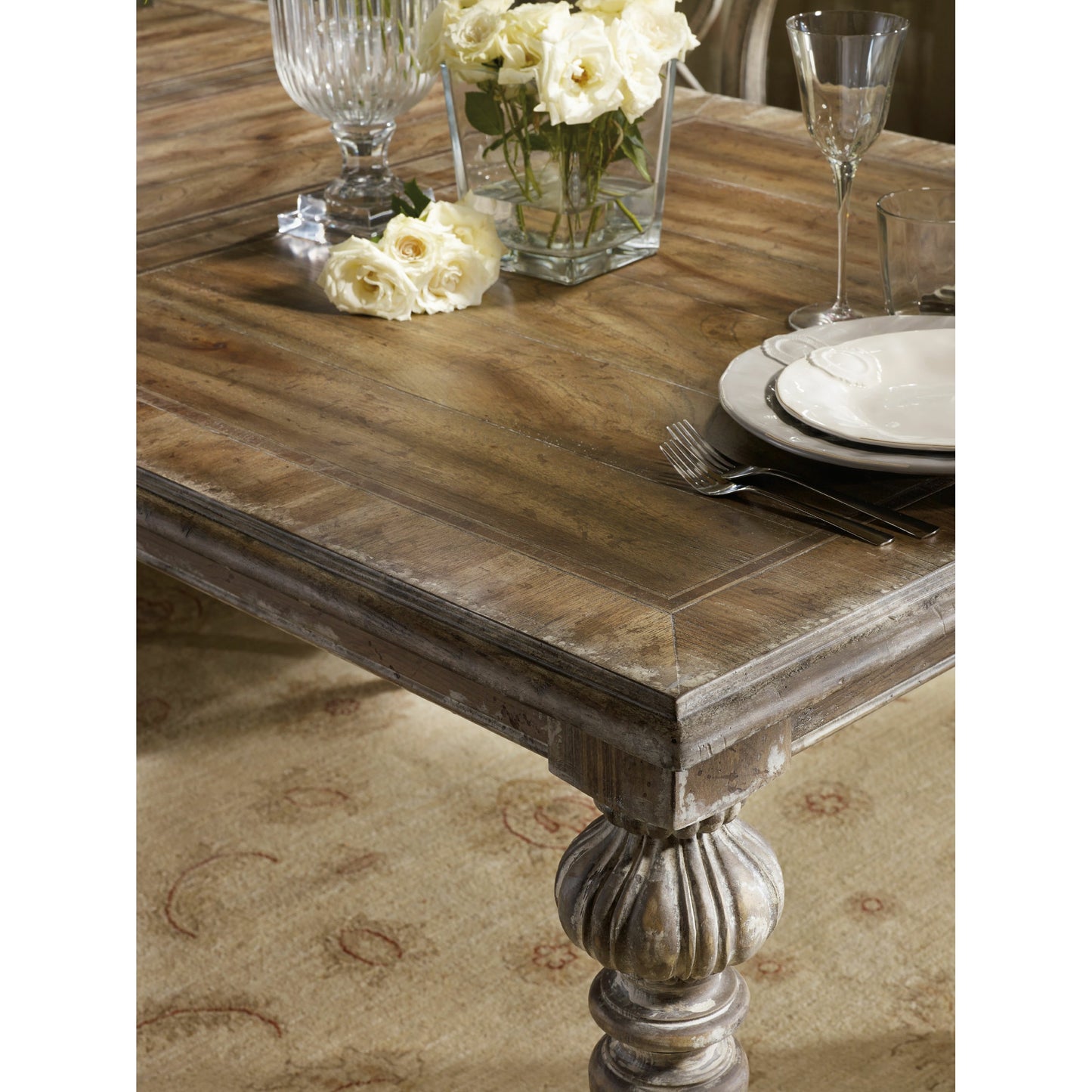 003 SI-1748622 | Closeup | Chatelet Dining Table by Hooker Furniture in caramel froth. Made from pecan, walnut, maple veneers with a solid-wood edge top in a traditional style.