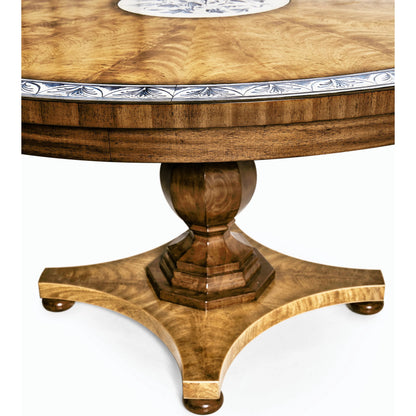 Vermeer Round Pedestal Dining Table by Jonathan Charles in brown and natural cerejeira. Made from alder, crotch cerajeria veneers, quartered acacia veneers in a traditional style.