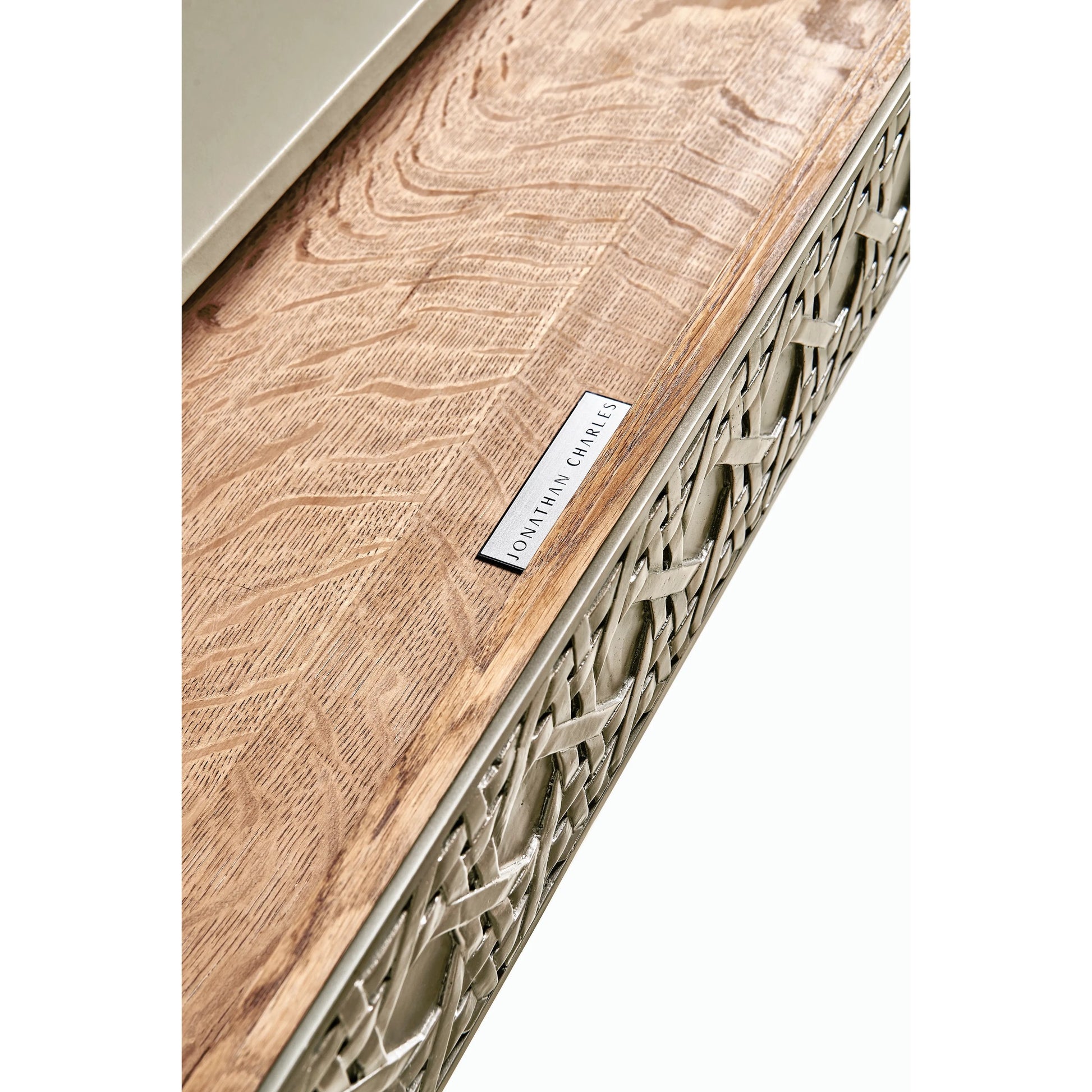 Water Cnoidal Cane Carved Metal Desk by Jonathan Charles in white brass. Made from metal, leather in a modern style.