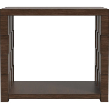 Verge Rectangle End Table by A.R.T. Furniture in handcrated walnut. Made from poplar, parawood solids, burl veneer in a traditional style.