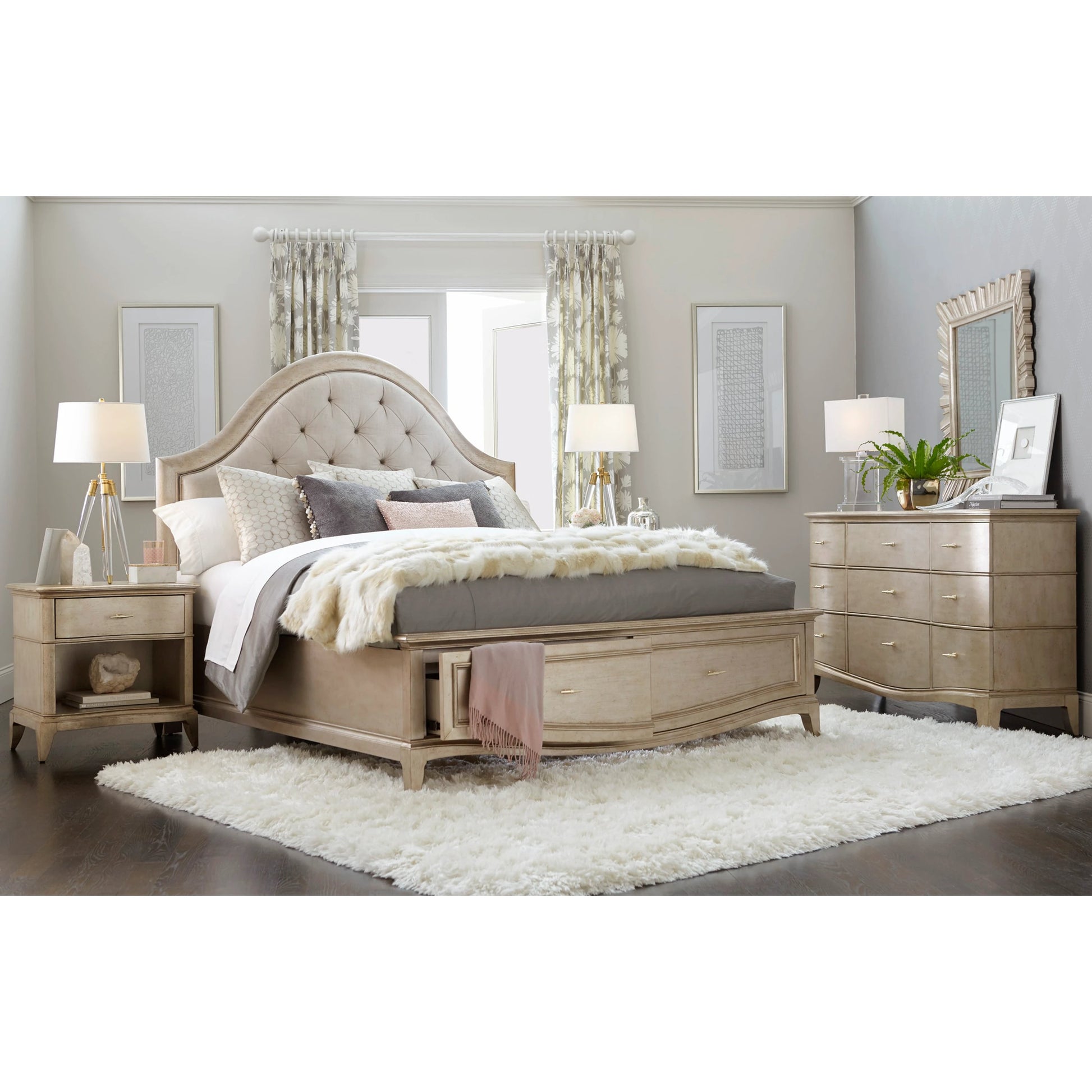 Starlite Upholstered Panel Bed with Storage by A.R.T. Furniture in silver and peri. Made from parawood solids, primavera veneer, tufted upholstery in a cottage & farmhouse style.