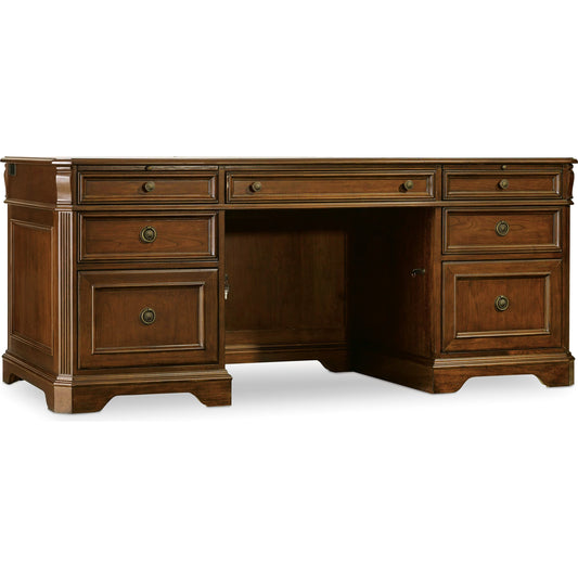 Brookhaven Executive Desk by Hooker Furniture in cherry. Made from cherry veneers, bonded leather in a unique style.