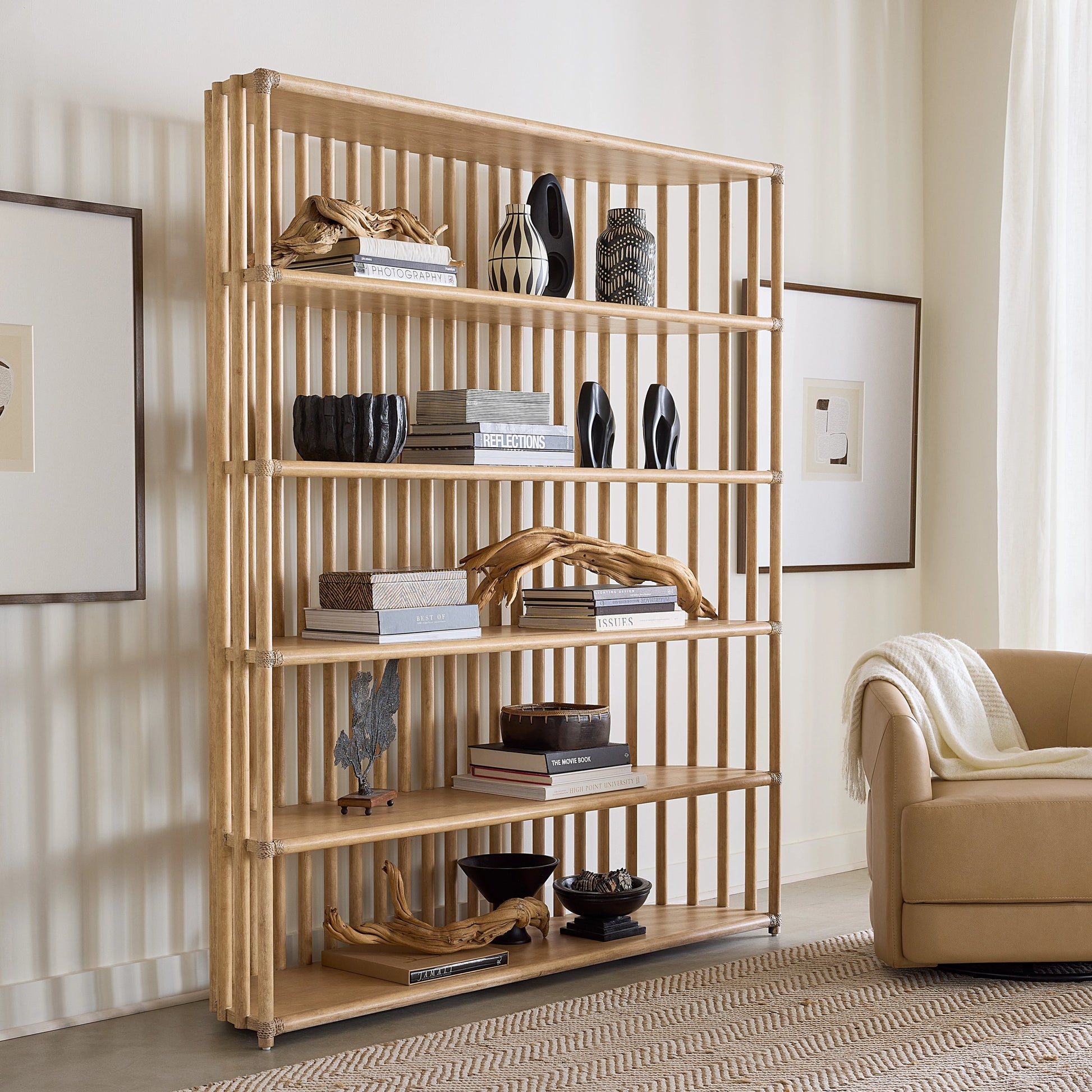 Retreat Slatted Bookcase by Hooker Furniture. Made from oak veneers, rope in a cottage & farmhouse style.