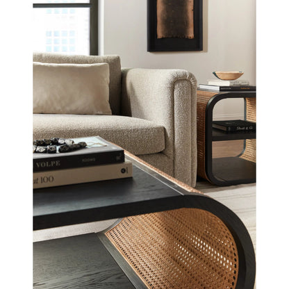 Cain Rectangle Coffee Table by Hooker Furniture in black finish with brown cane accents. Made from unique in a rustic style.