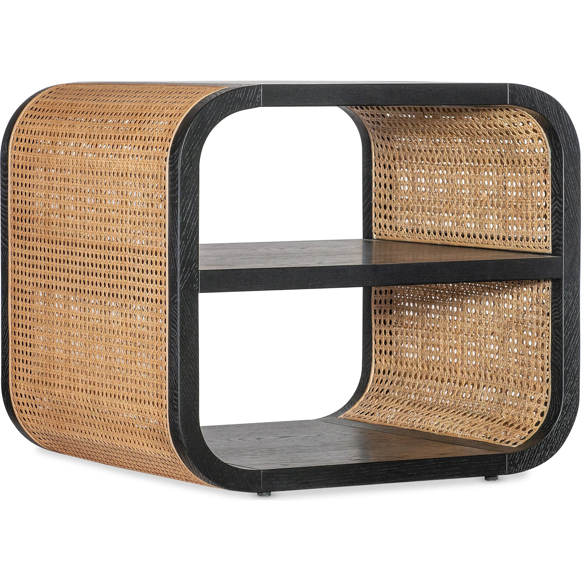 Cain Rectangle Side Table by Hooker Furniture in black finish with brown cane accents. Made from unique in a rustic style.