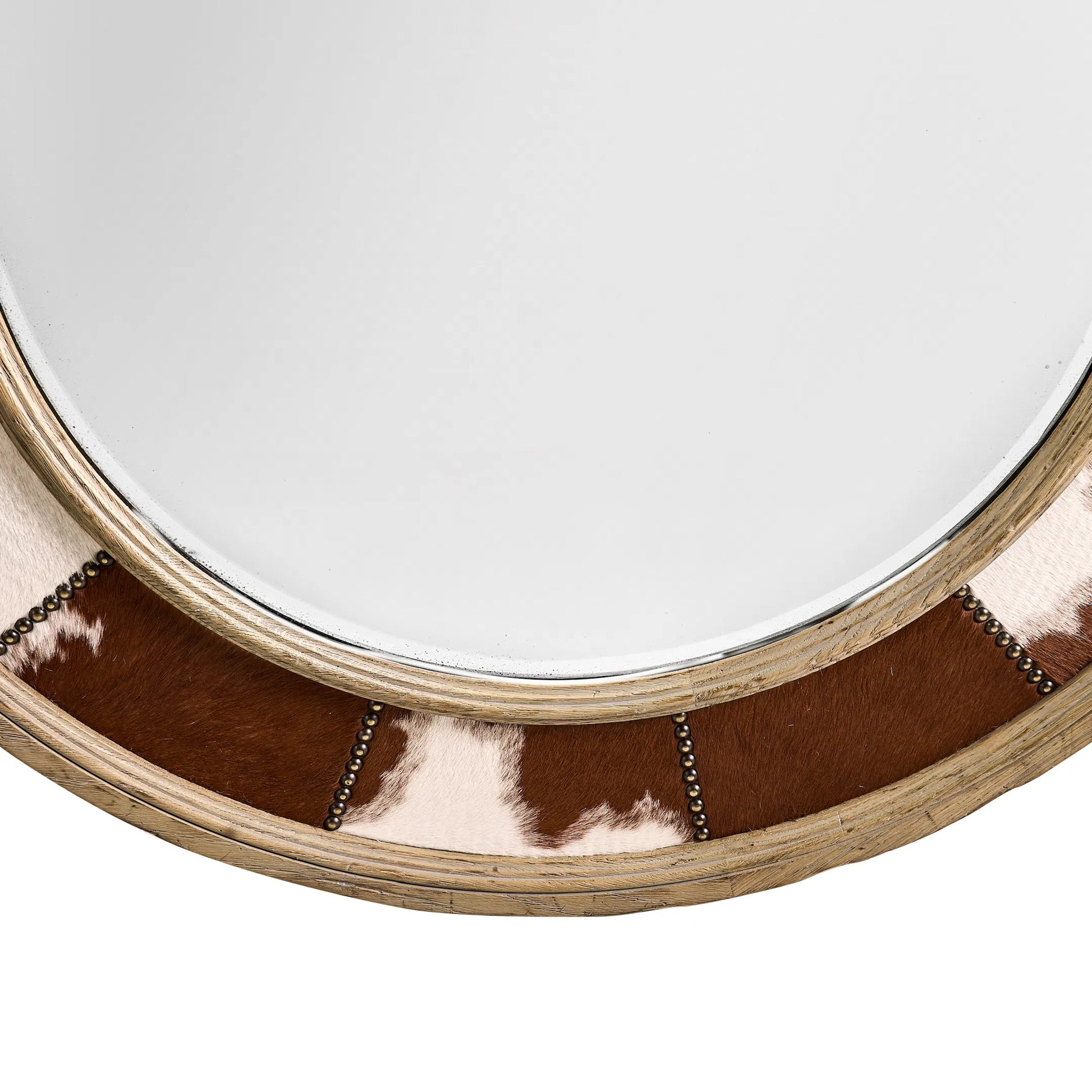 Sagehill Round Hide Mirror by Jonathan Charles in timberon grey oak. Made from oak in a cottage & farmhouse style.
