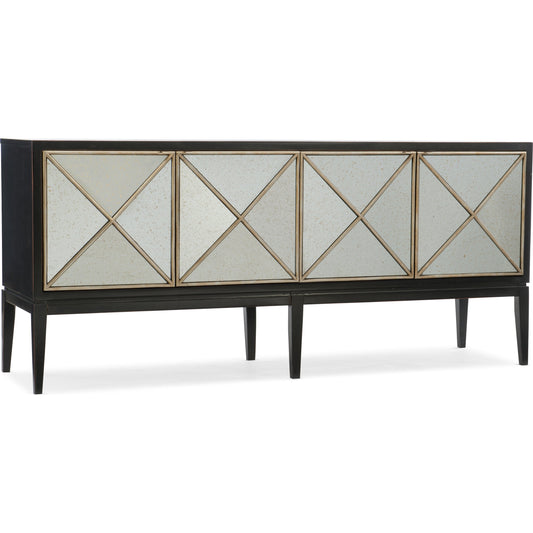 Jova Credenza by Hooker Furniture in distressed black. Made from birch veneers in a modern style.
