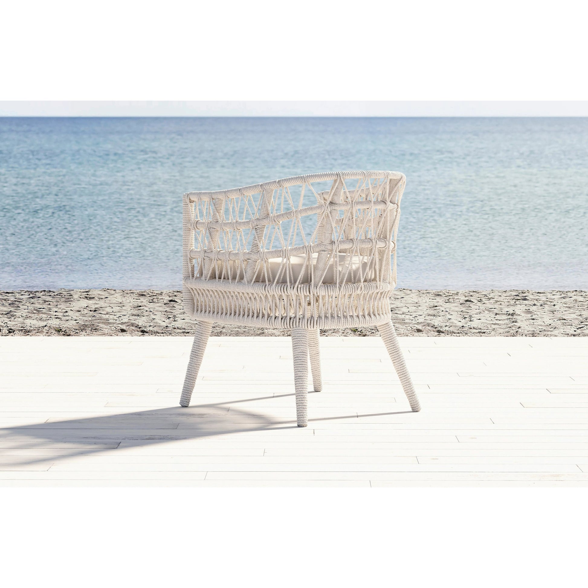 Dana Outdoor Rope Dining Chair in Linen by Sunset West in natural. Made from olefin rope in a coastal style.