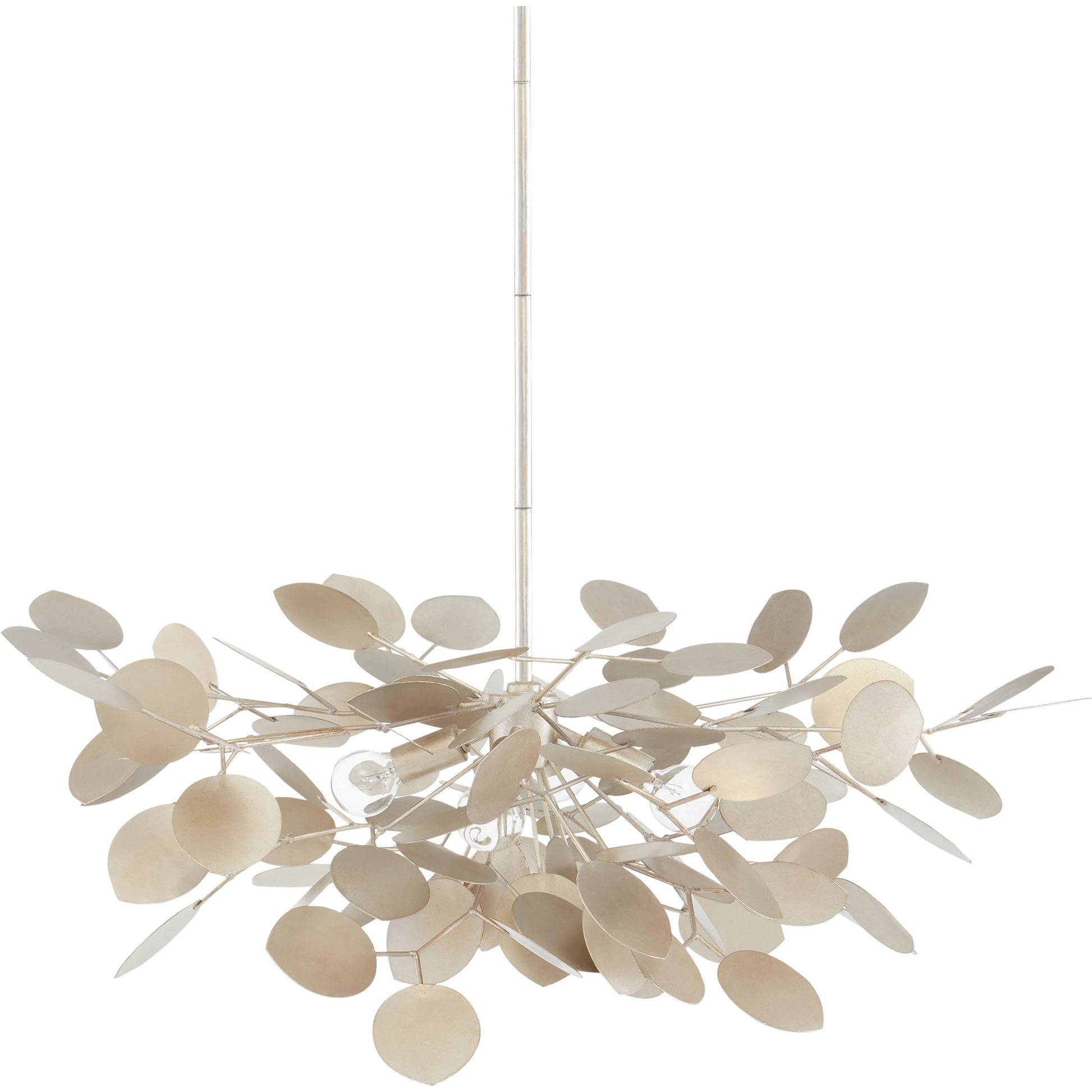 Lunaria Small Chandelier by Currey and Company in contemporary silver leaf. Made from wrought iron in a transitional style.
