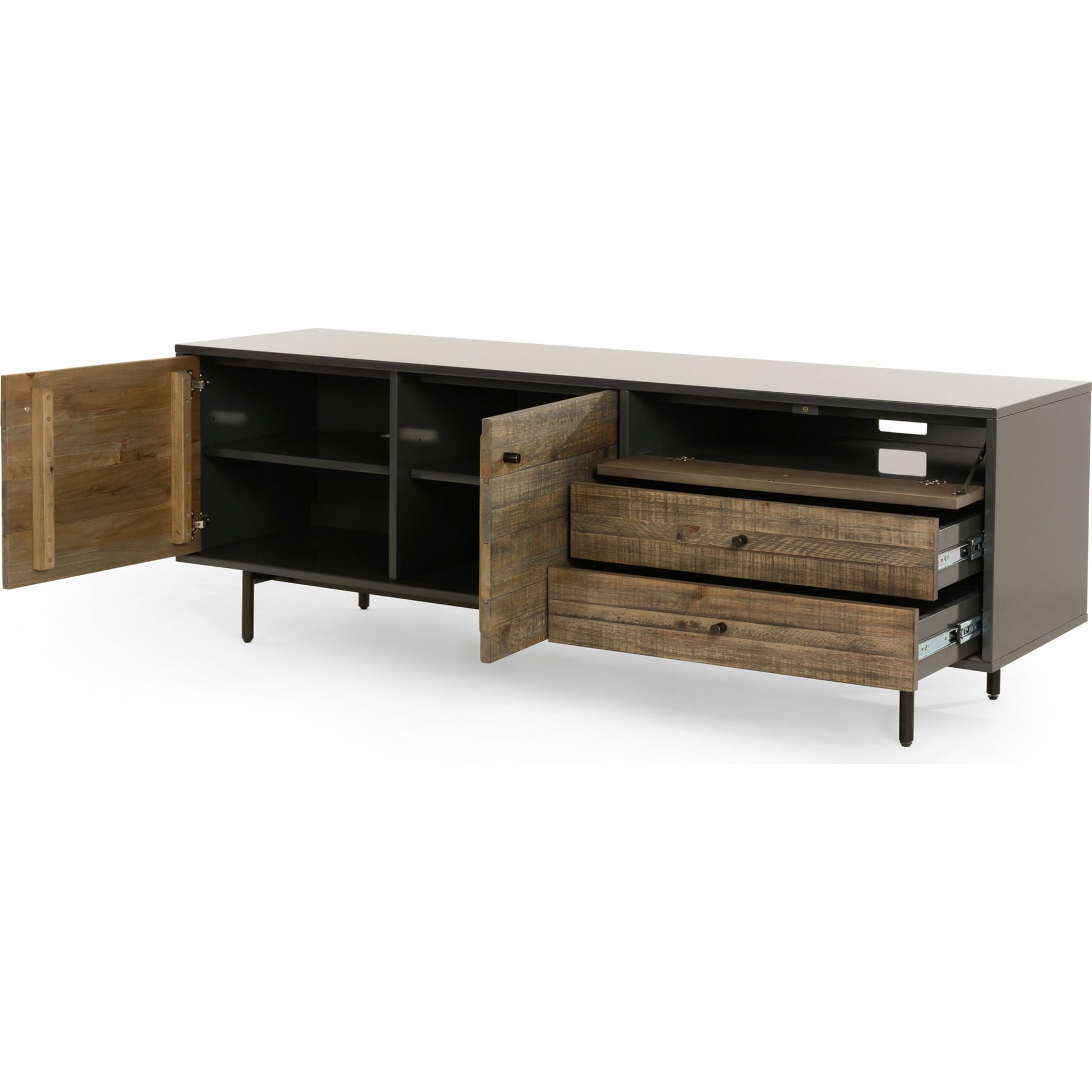 Tucker Media Console by Four Hands in walnut, oil rubbed bronze. Made from walnut veneer, iron in a modern style.
